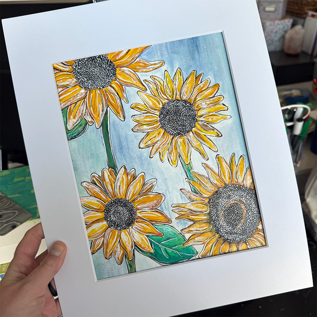 "Sunflowers" Matted Abstract Acrylic Painting, 8x10"