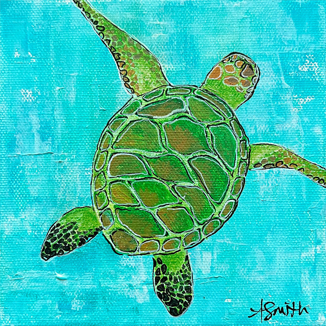 "Roald," Sea Turtle Acrylic Painting, 6x6"