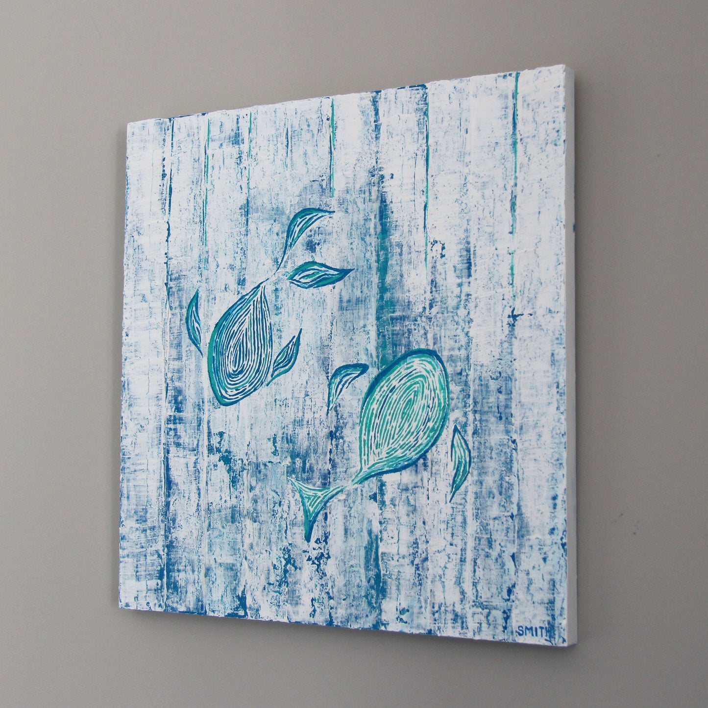 Little Fish 18x18" Abstract Mixed Media Painting - Original Art by Andrea Smith