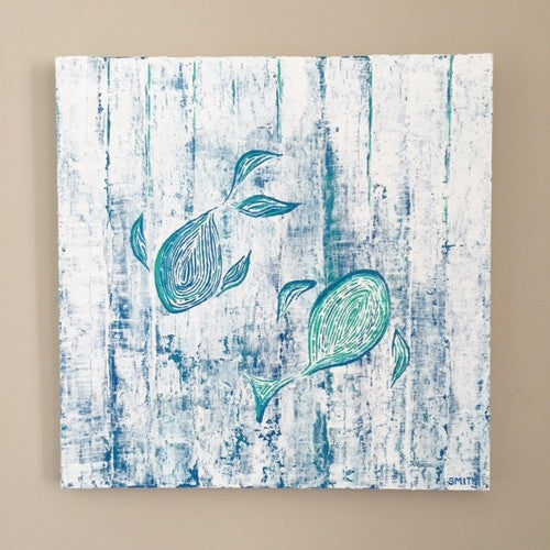Little Fish 18x18" Abstract Mixed Media Painting - Original Art by Andrea Smith