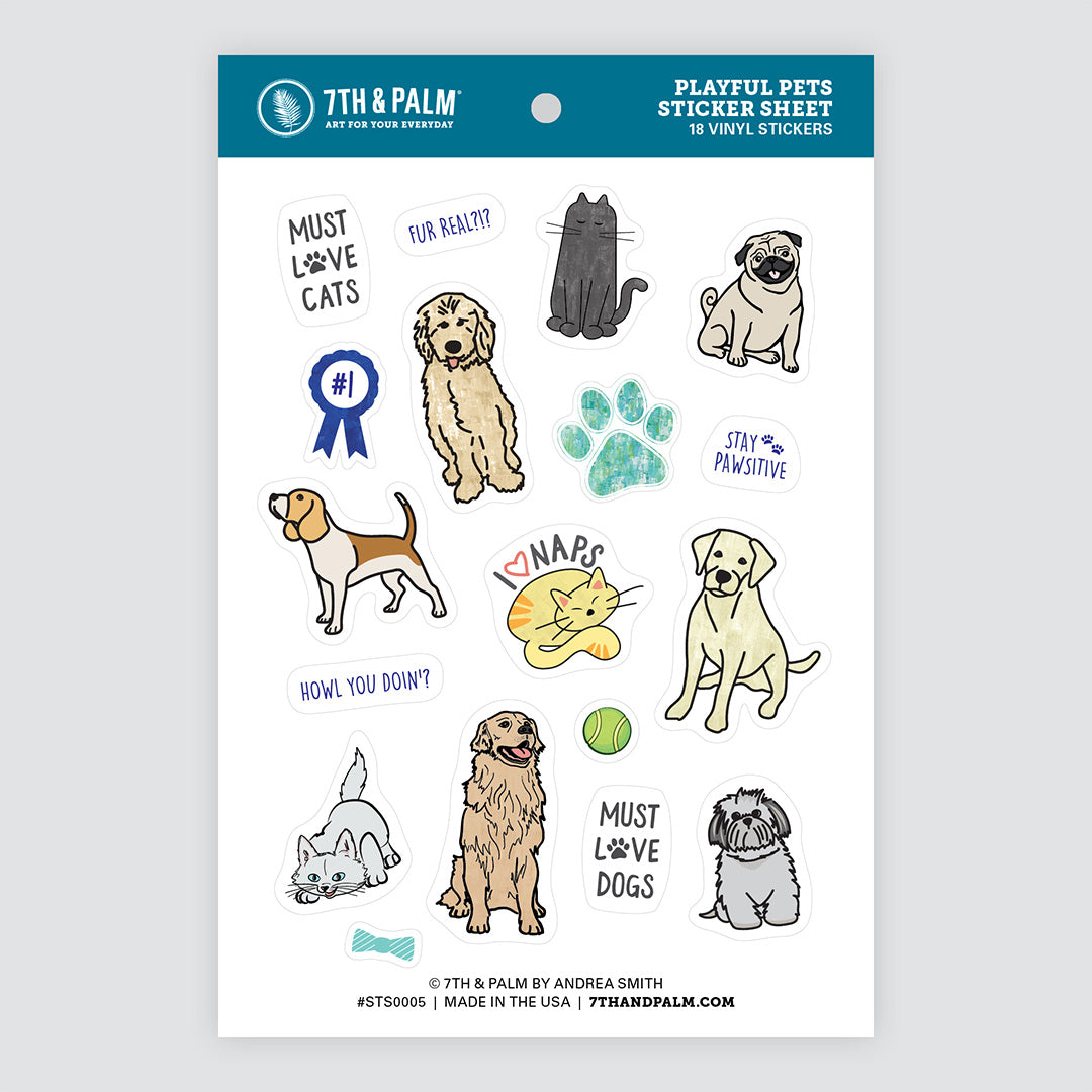 Colorable Pet Stickers Playful Pets Sticker Sheet – Cute Dogs & Cats Designs – 7th & Palm