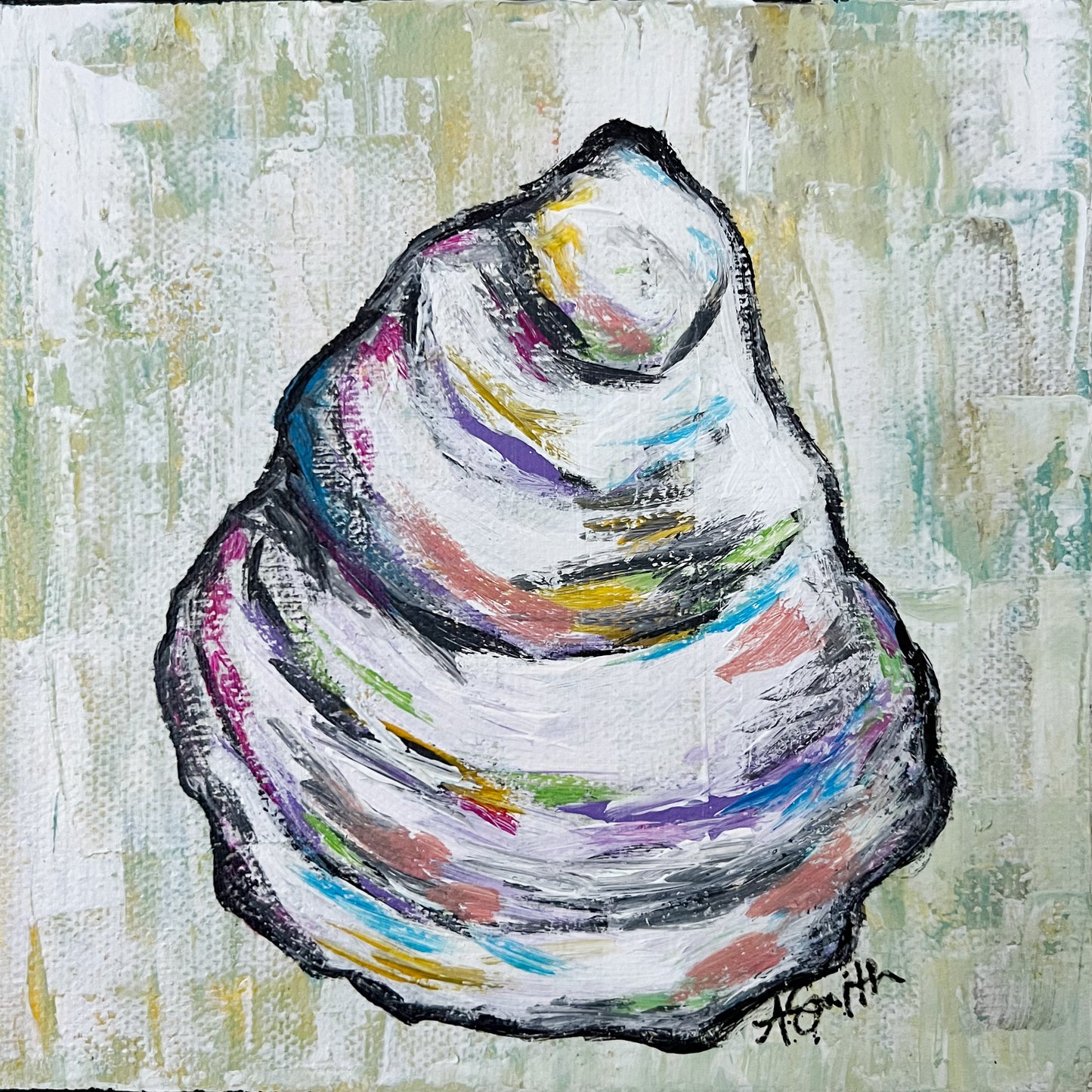 "Ophelia" Oyster Shell Acrylic Painting, 6x6"