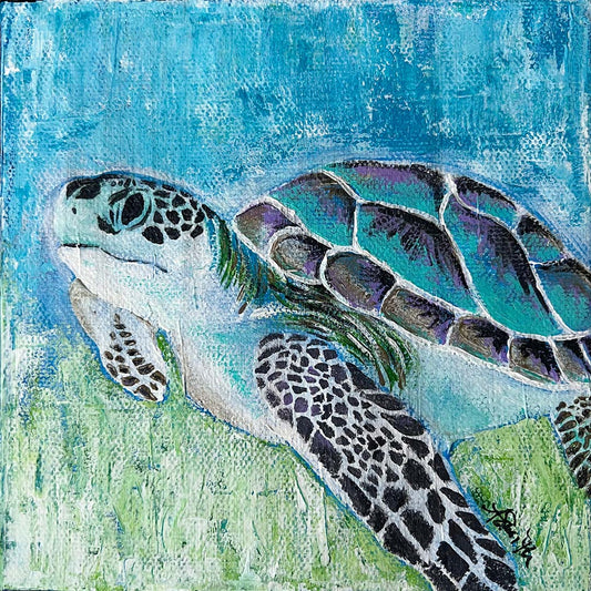 "Ernest" Sea Turtle Acrylic Painting, 6x6"
