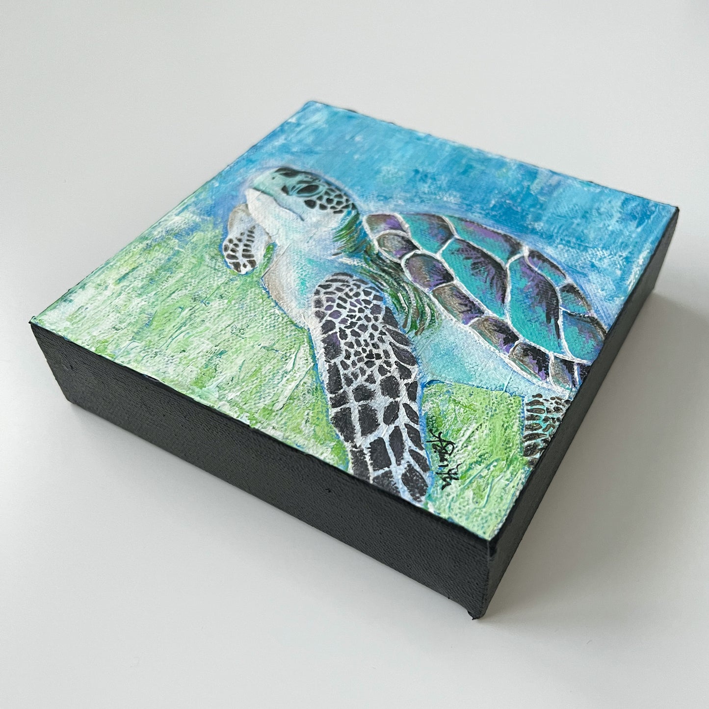 "Ernest" Sea Turtle Acrylic Painting, 6x6"