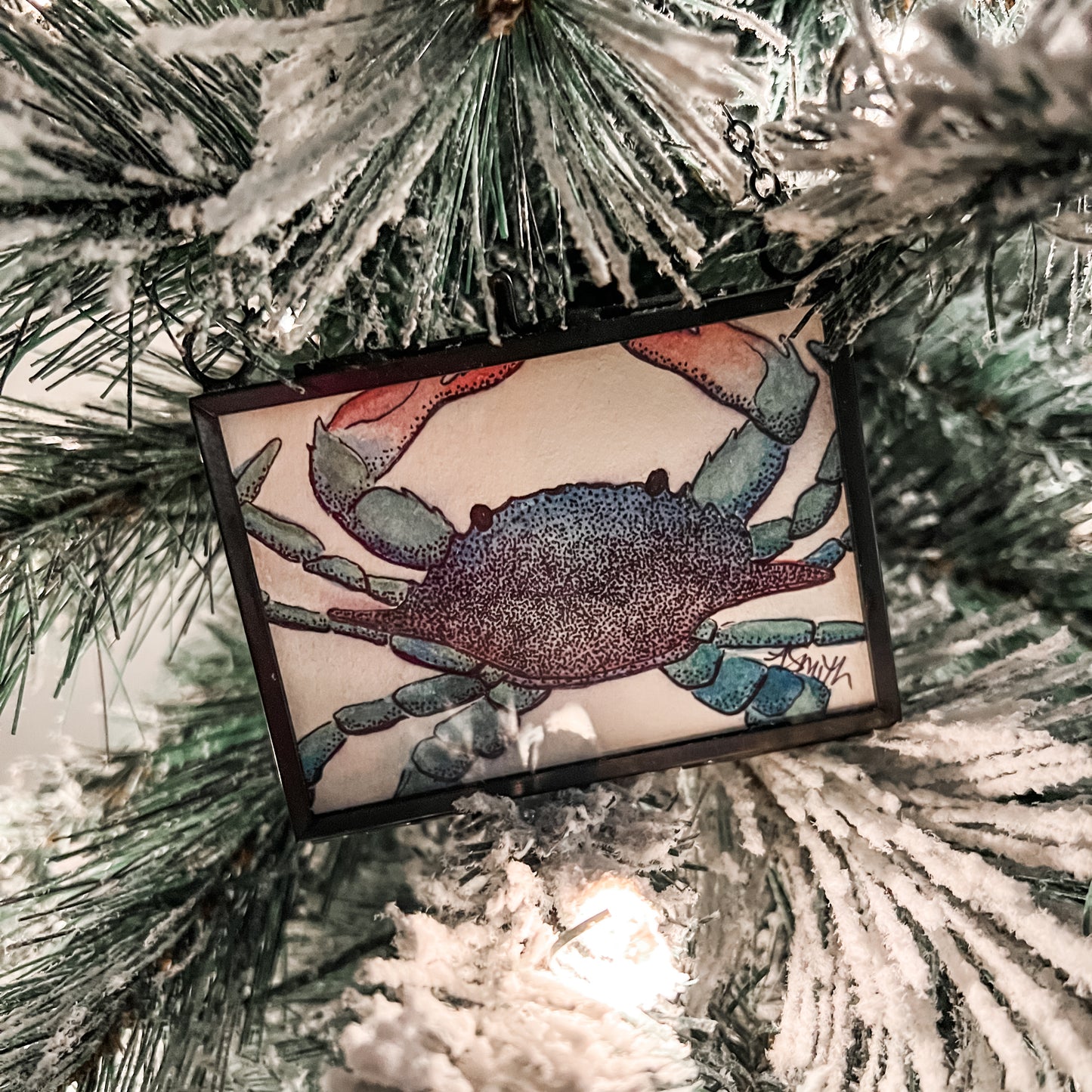 Blue Crab Watercolor Painting | Black Brass Glass Frame Ornament