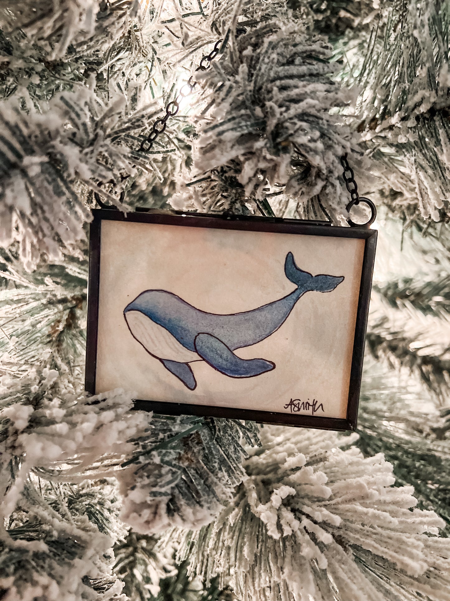 Whale Watercolor Painting | Black Brass Glass Frame Ornament