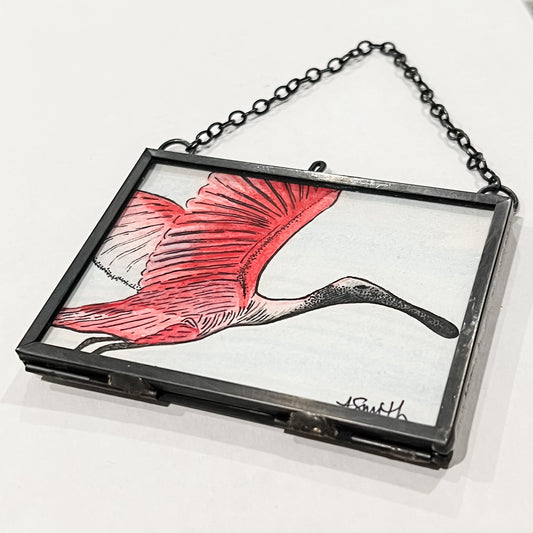 Roseate Spoonbill Watercolor Painting | Black Brass Glass Frame Ornament