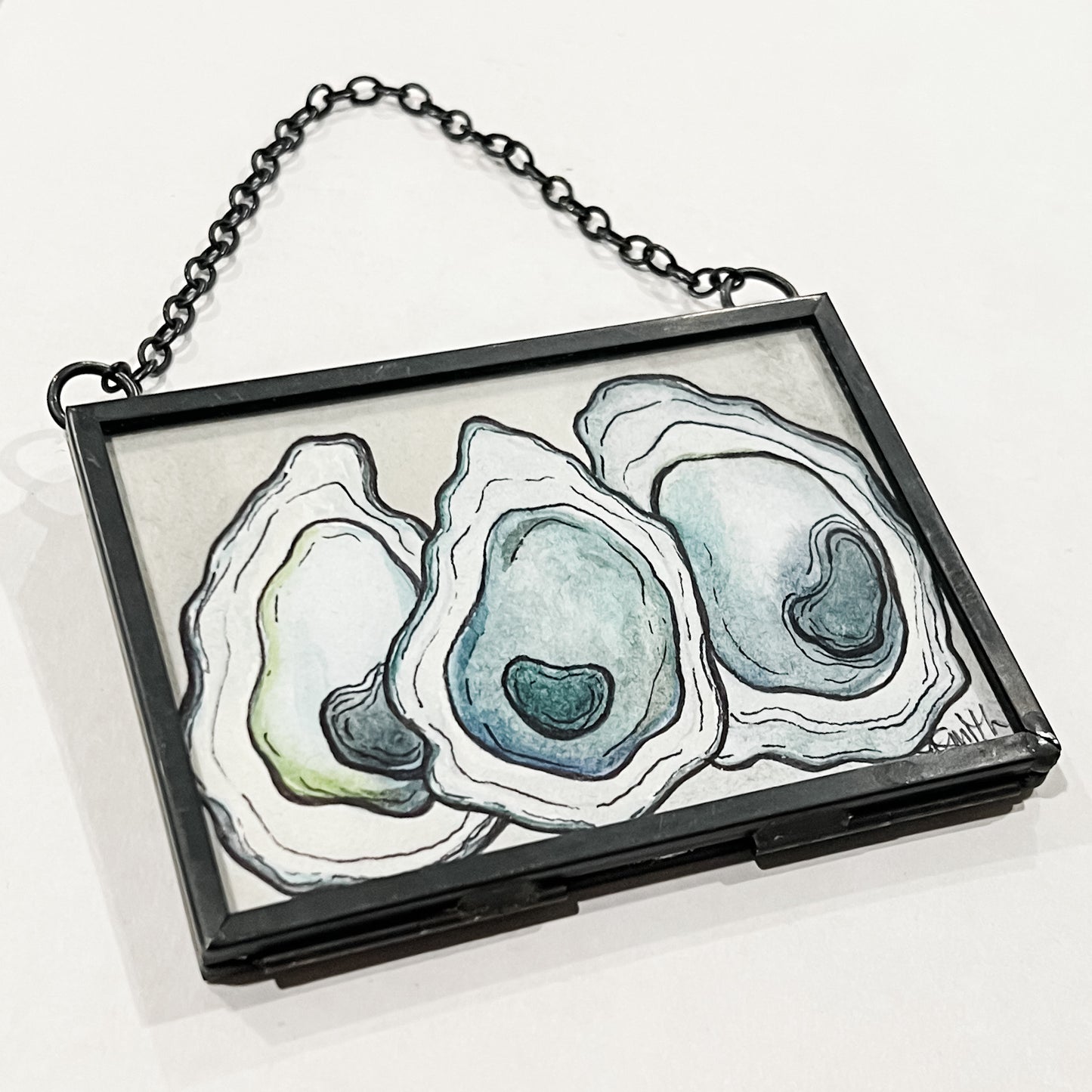 Oyster Trio Watercolor Painting | Black Brass Glass Frame Ornament