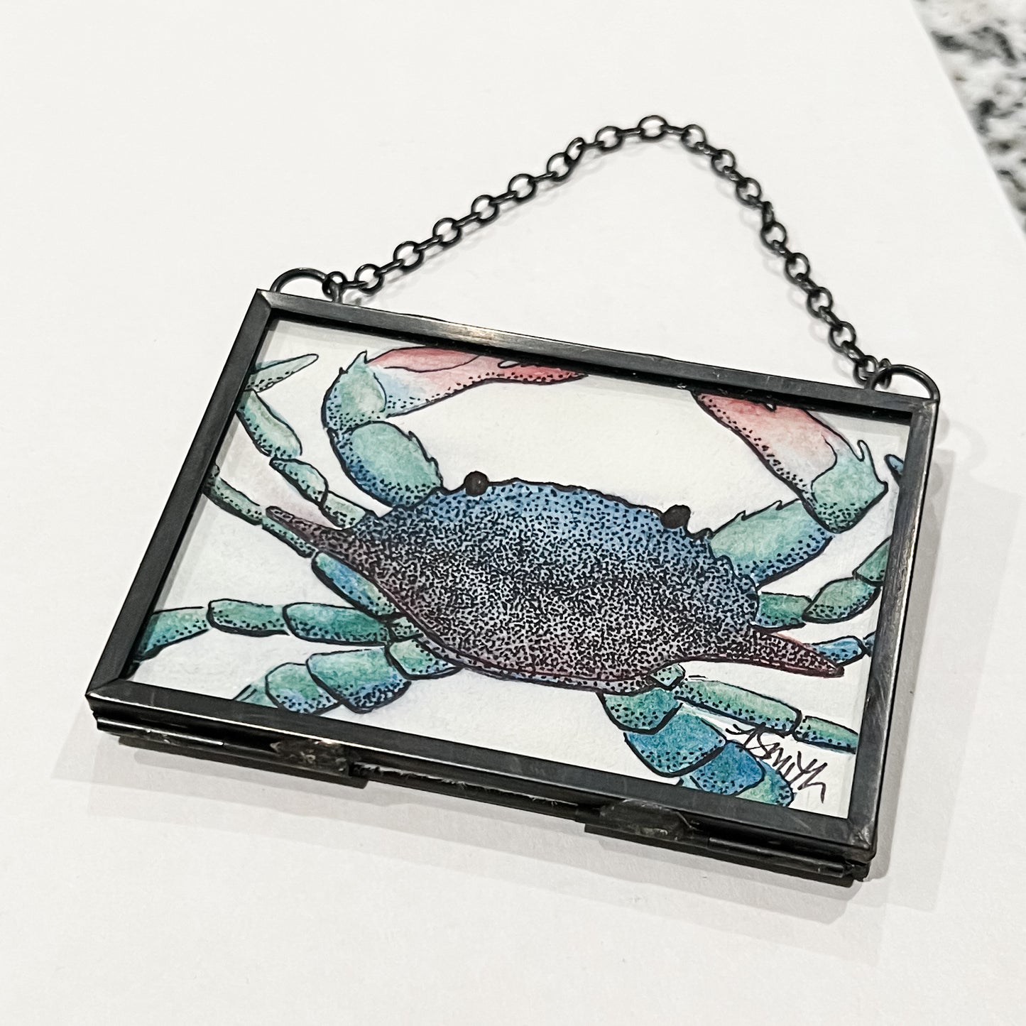 Blue Crab Watercolor Painting | Black Brass Glass Frame Ornament