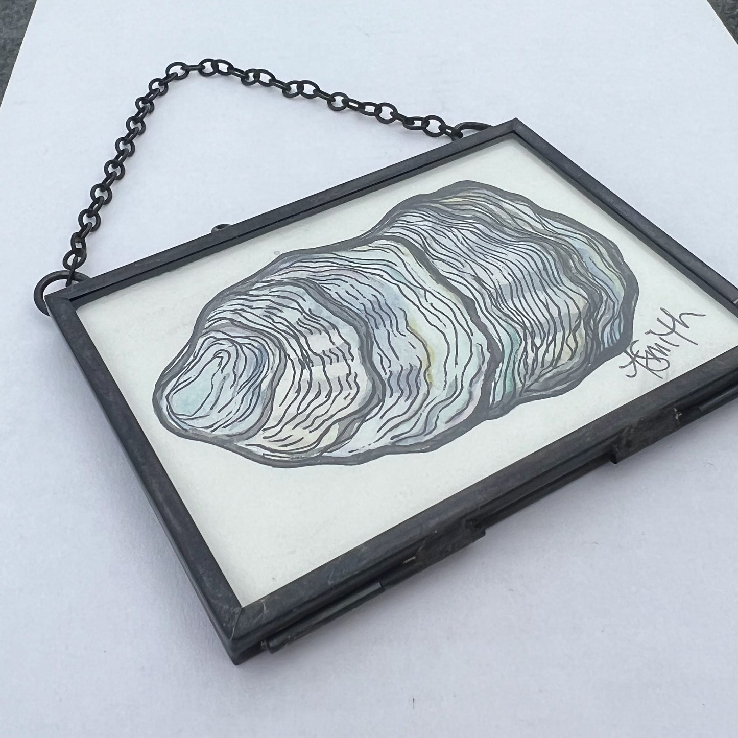 Oyster Shell Watercolor Painting | Black Brass Glass Frame Ornament