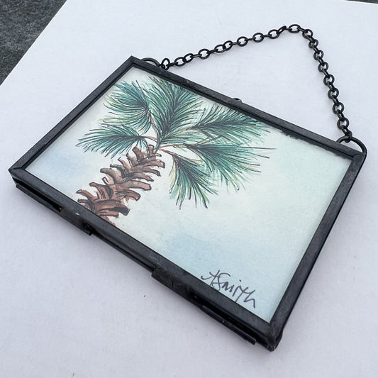Palmetto Tree Watercolor Painting | Black Brass Glass Frame Ornament