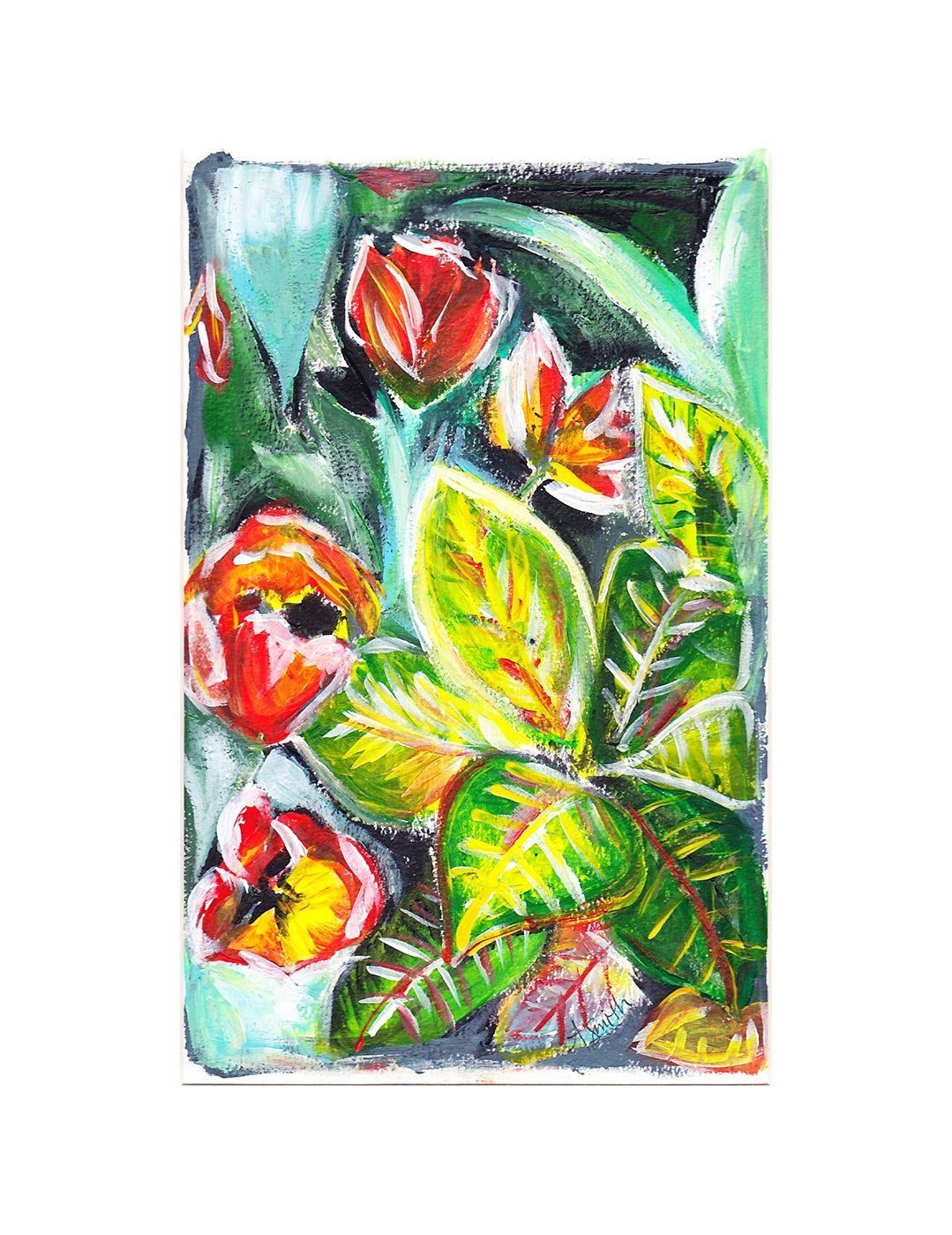 Tulips & Crotons, 5x8" Acrylic Painting - Original Art by Andrea Smith